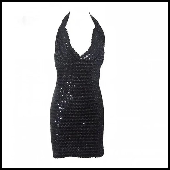 Black Sequin Halter Dress Sexy Micro Mini Bodycon Formal 70s Vintage Disco Era - Picture 2 of 13